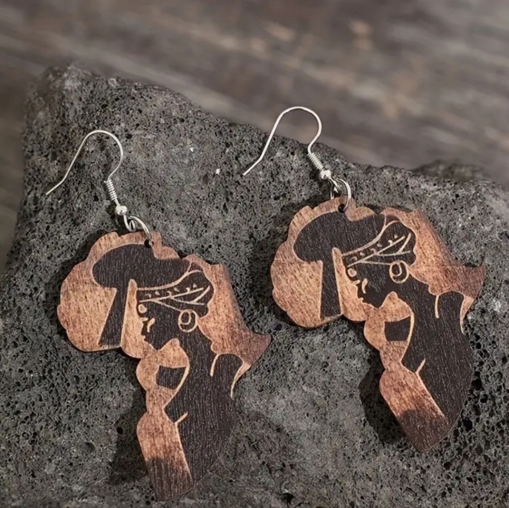NWT! African Wood Dangle Retro Ethnic Style Black Beauty Pattern Earrings NEW